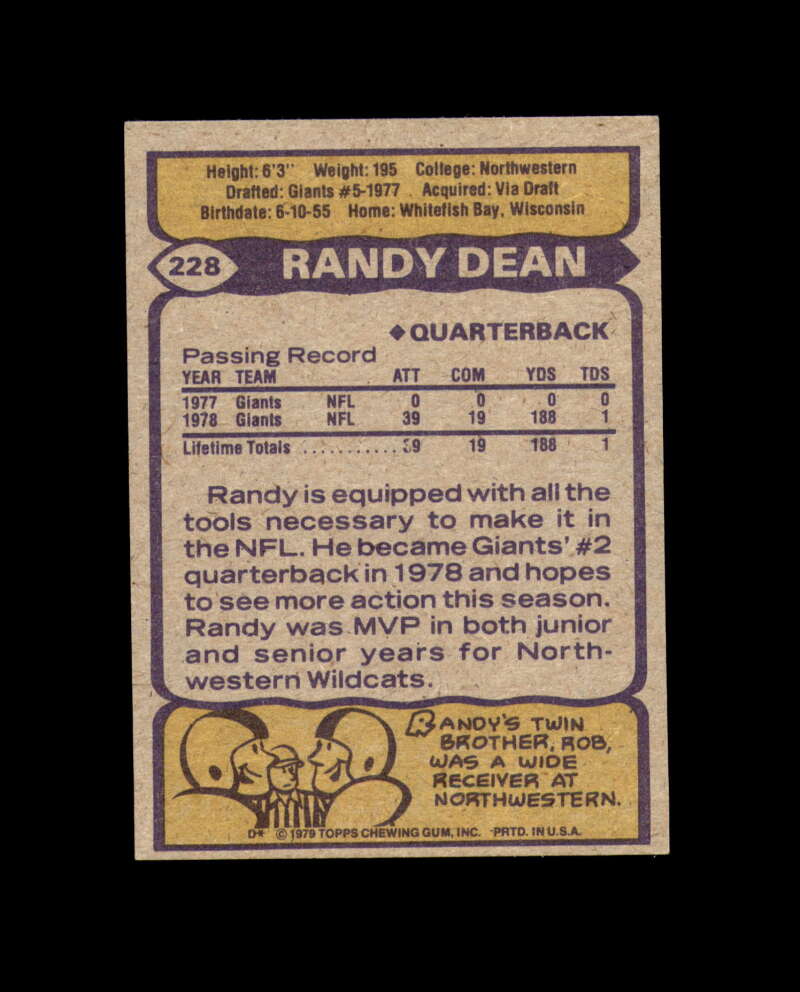 Randy Dean Signed 1979 Topps New York Giants Autograph