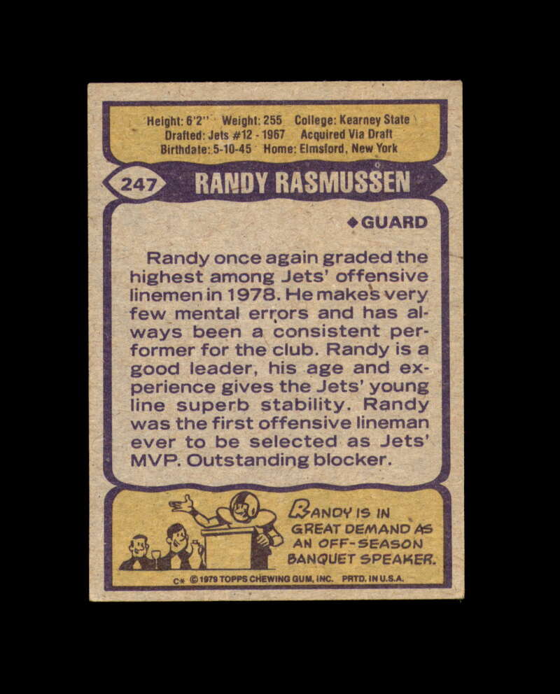 Randy Rasmussen Signed 1979 Topps New York Jets Autograph