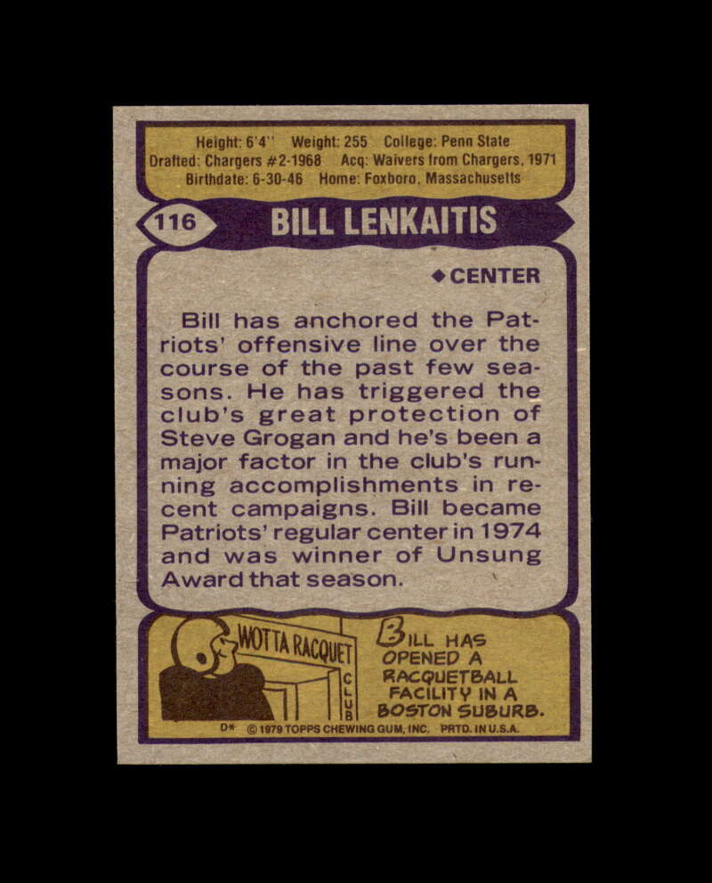 Bill Lenkaitis Signed 1979 Topps New England Patriots Autograph