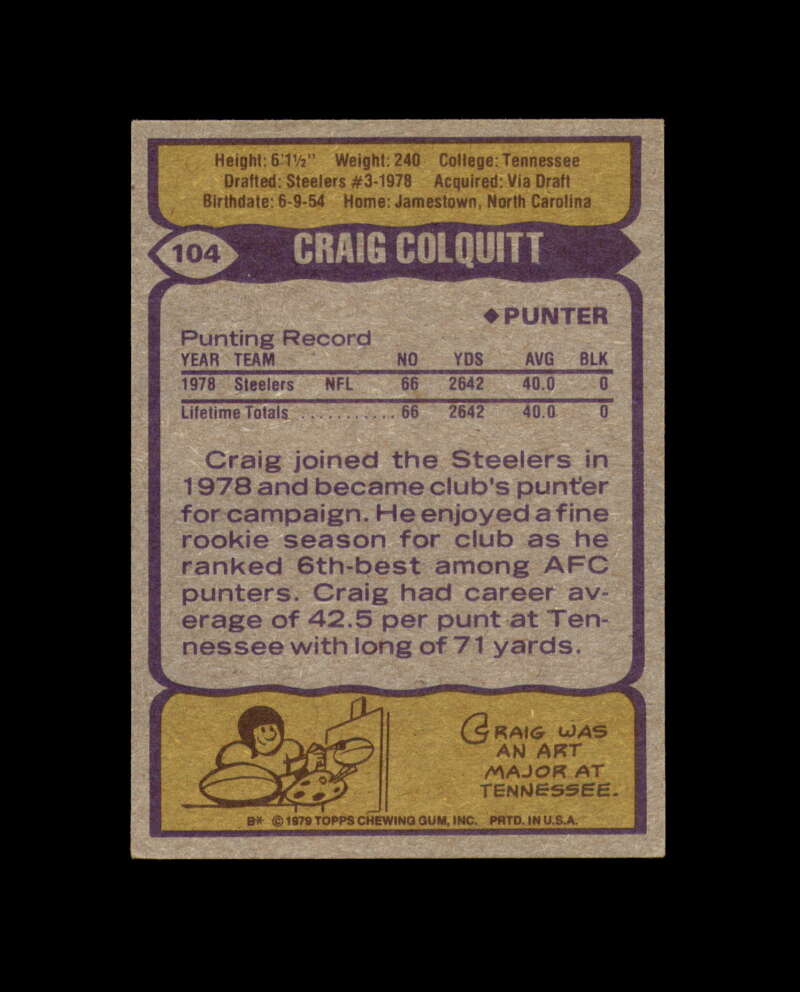 Craig Colquitt Signed 1979 Topps Steelers Autograph