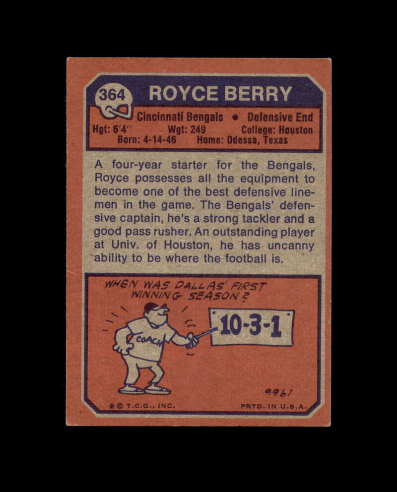 Royce Berry Signed 1973 Topps Cincinnati Bengals Autograph