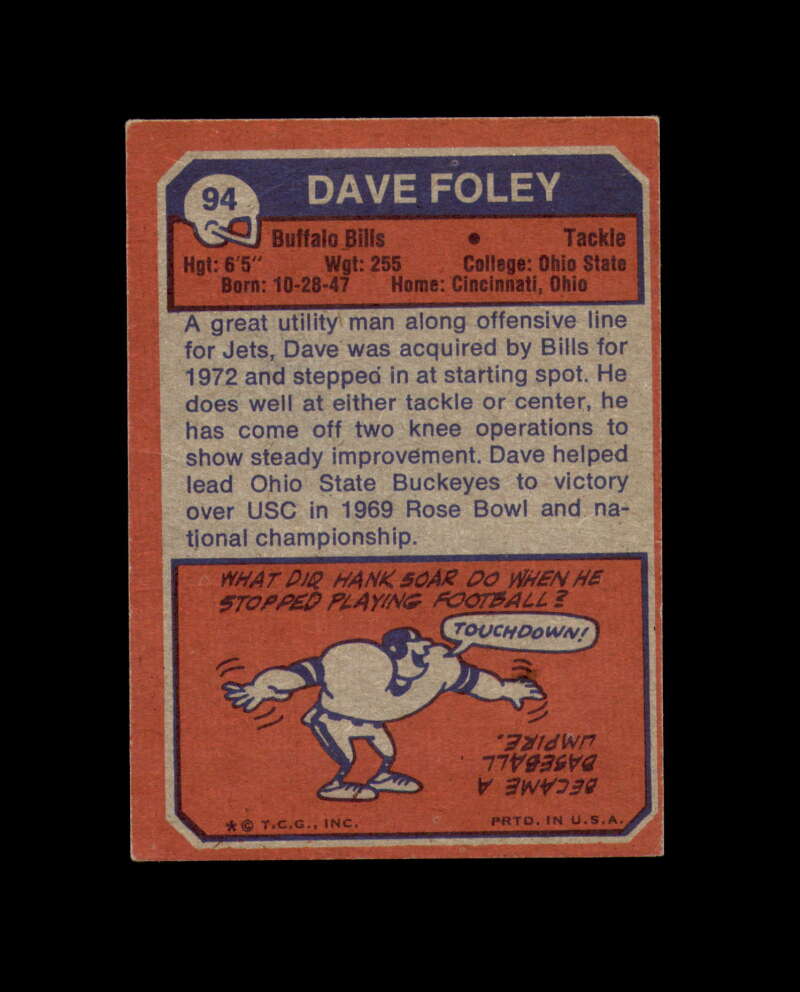 Dave Foley Signed 1973 Topps Buffalo Bills Autograph