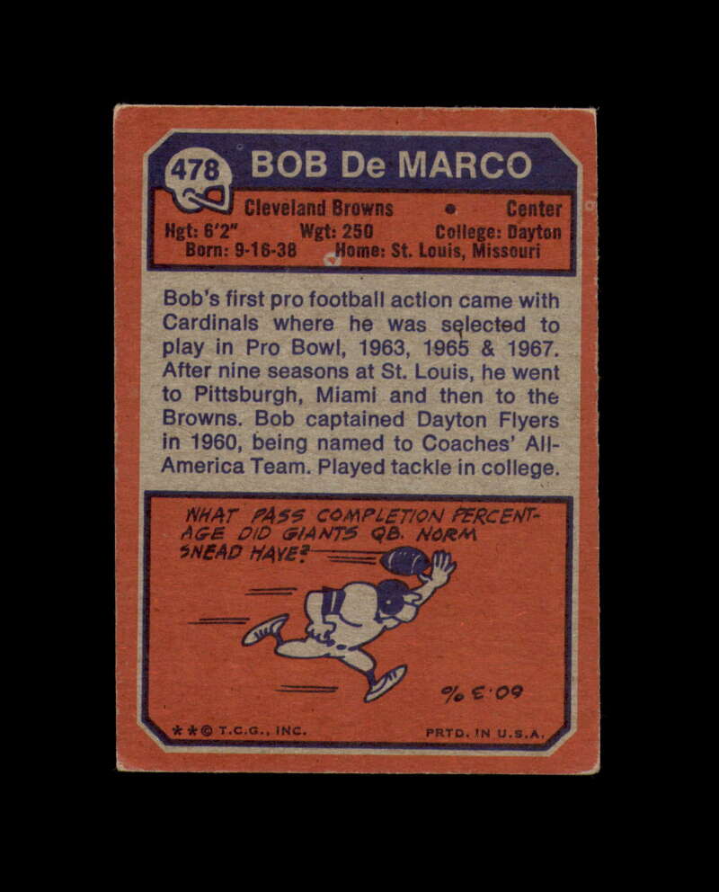 Bob De Marco Signed 1973 Topps Cleveland Browns Autograph