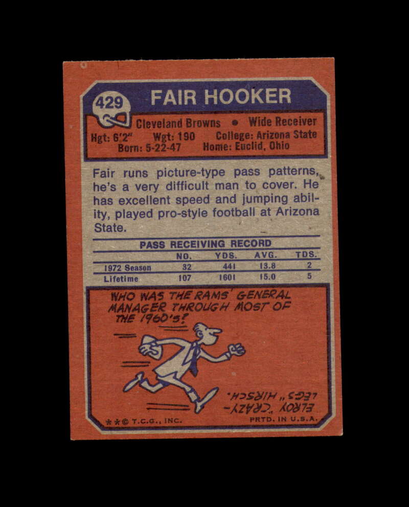 Fair Hooker Signed 1973 Topps Cleveland Browns Autograph