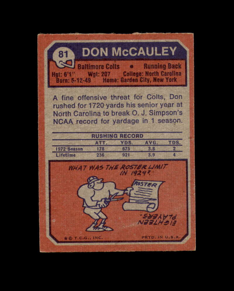 Don McCauley Signed 1973 Topps Baltimore Colts Autograph