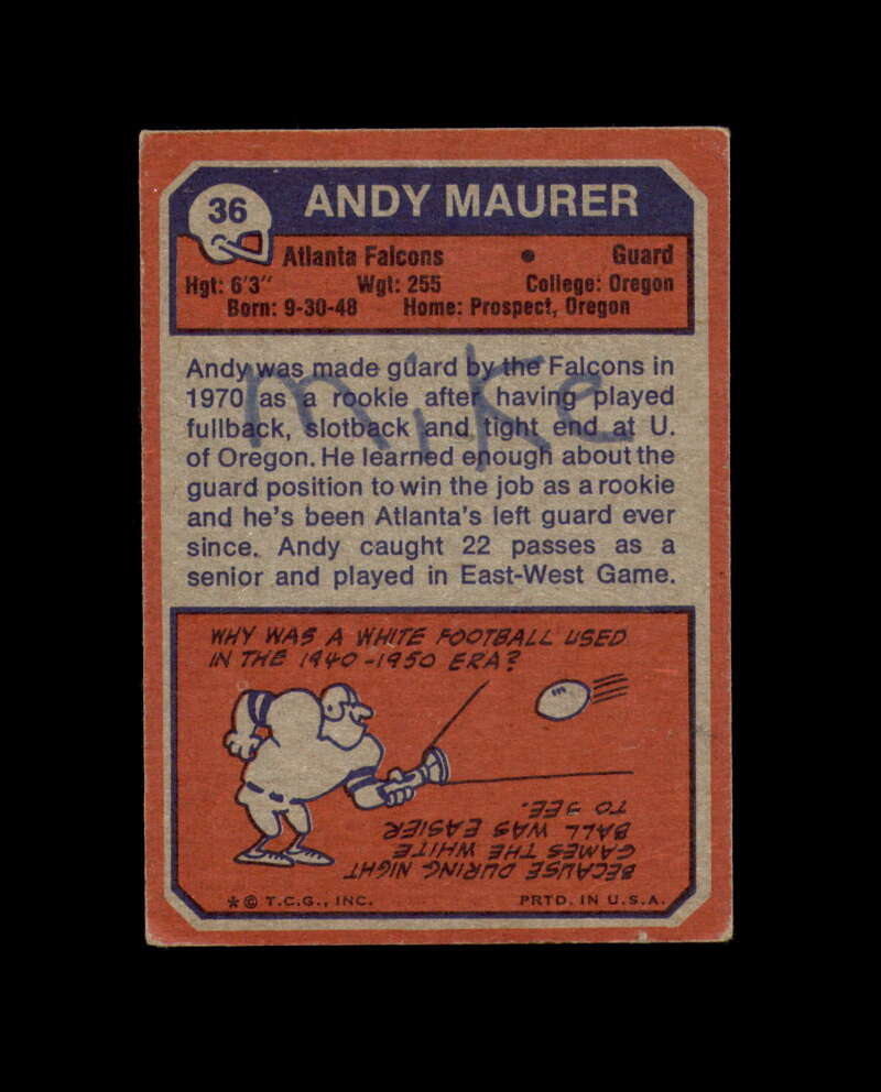 Andy Maurer Signed 1973 Topps Atlanta Falcons Autograph