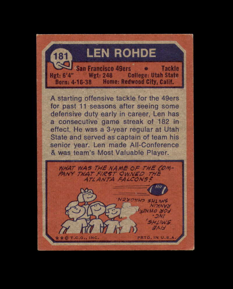 Len Rohde Signed 1973 Topps San Francisco 49ers Autograph