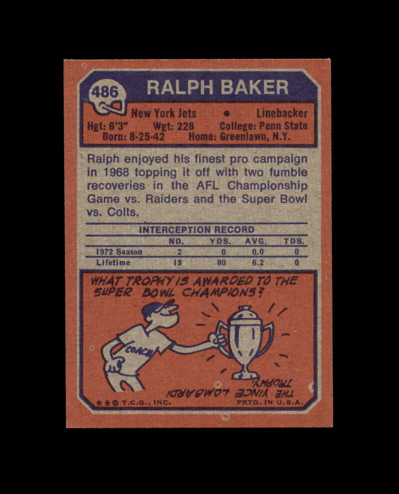 Ralph Baker Signed 1973 Topps New York Jets Autograph