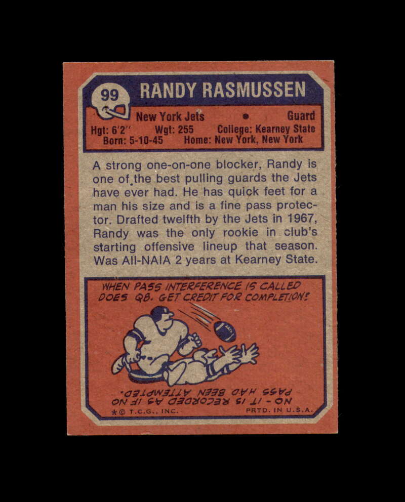 Randy Masmussen Signed 1973 Topps New York Jets Autograph