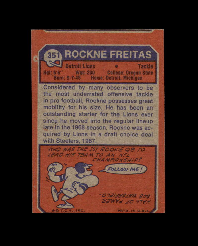 Rockne Freitas Signed 1973 Topps Detroit Lions Autograph
