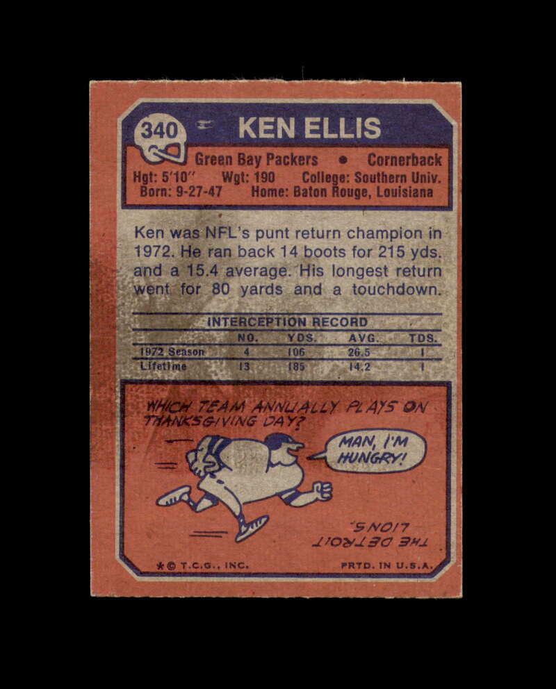 Ken Ellis Signed 1973 Topps Green Bay Packers Autograph