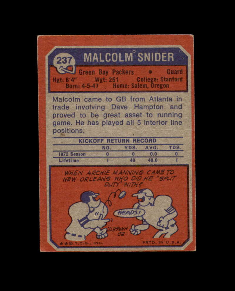 Malcolm Snider Signed 1973 Topps Green Bay Packers Autograph