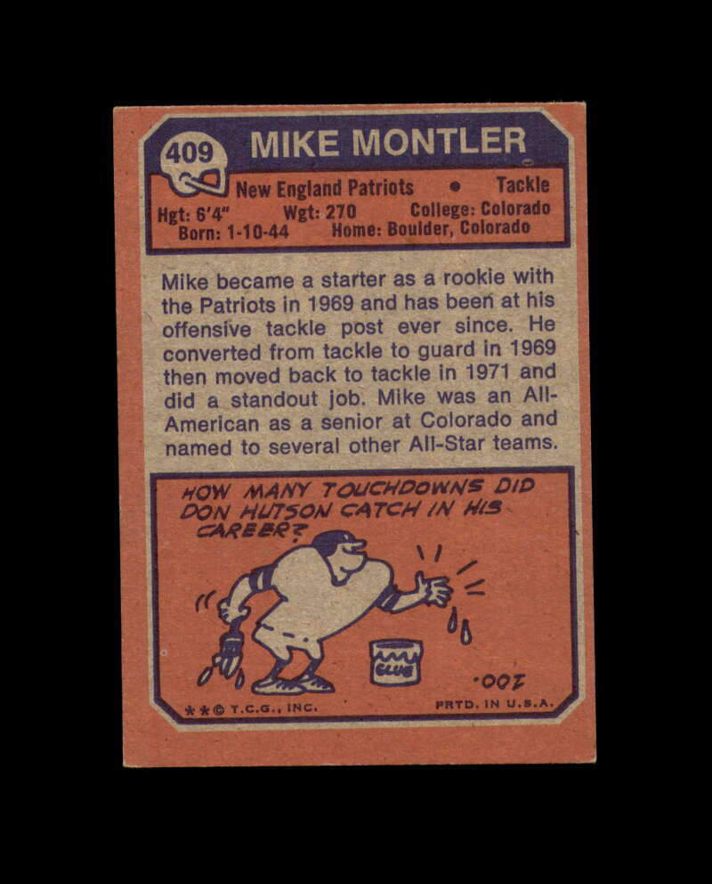 Mike Montler Signed 1973 Topps New England Patriots Autograph
