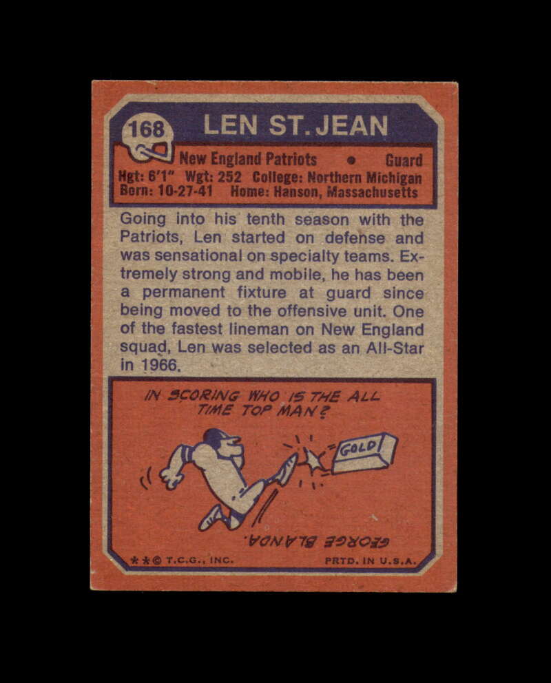 Len St. Jean Signed 1973 Topps New England Patriots Autograph