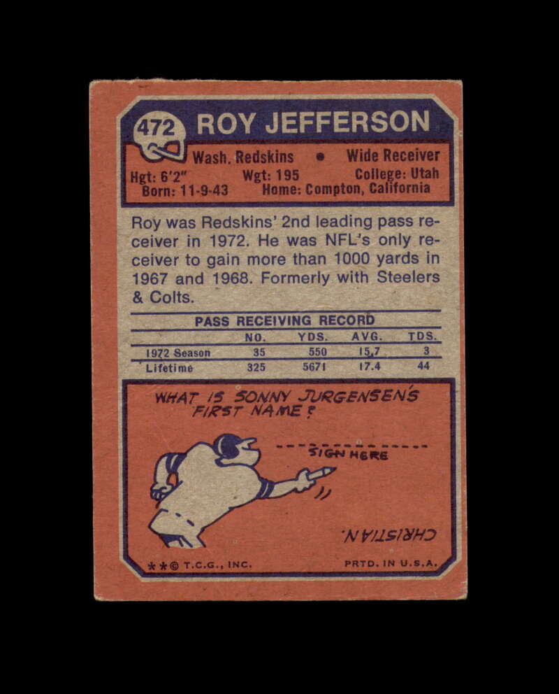 Roy Jefferson Signed 1973 Topps Washington Autograph