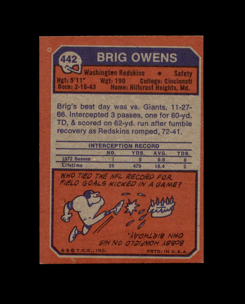Brig Owens Signed 1973 Topps Washington Autograph
