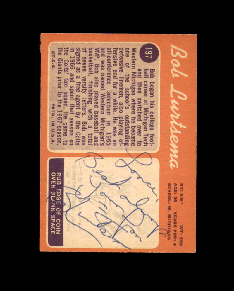 Bob Lurtsema Signed 1970 Topps New York Giants Autograph