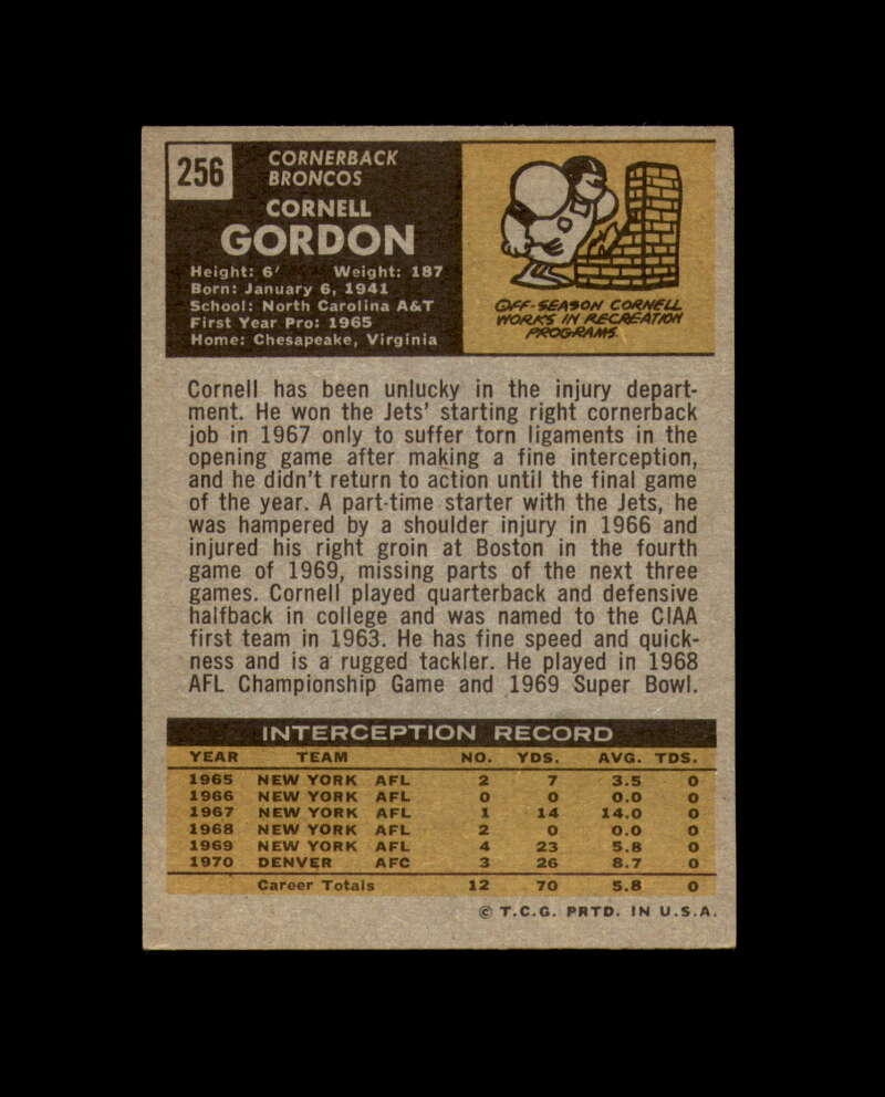 Cornell Gordon Signed 1971 Topps Denver Broncos Autograph
