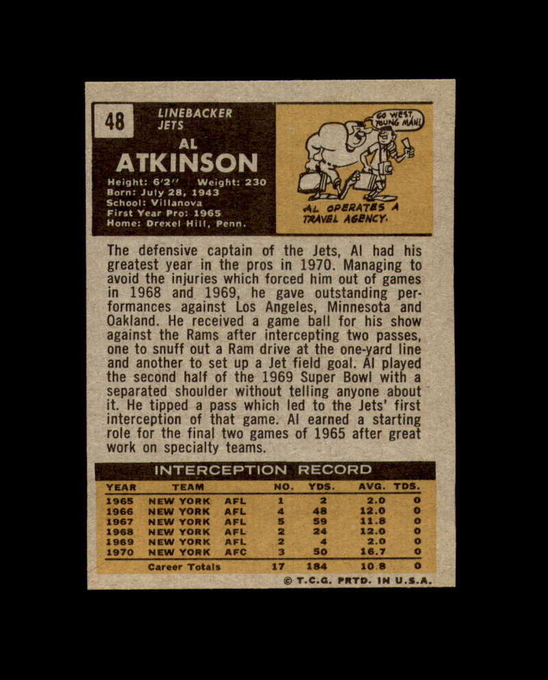Al Atkinson Signed 1971 Topps New York Jets Autograph