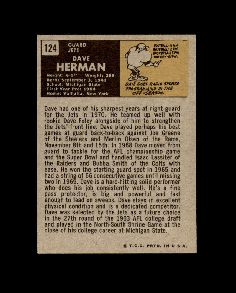 Dave Herman Signed 1971 Topps New York Jets Autograph