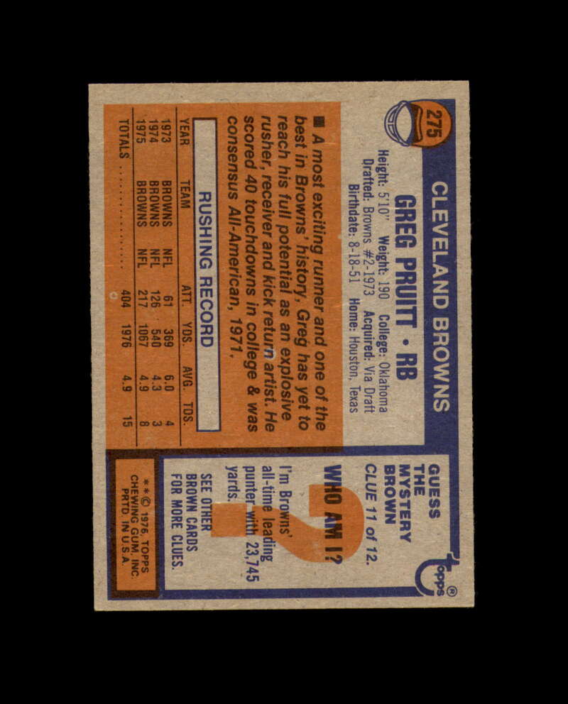 Greg Pruitt Signed 1976 Topps Cleveland Browns Autograph