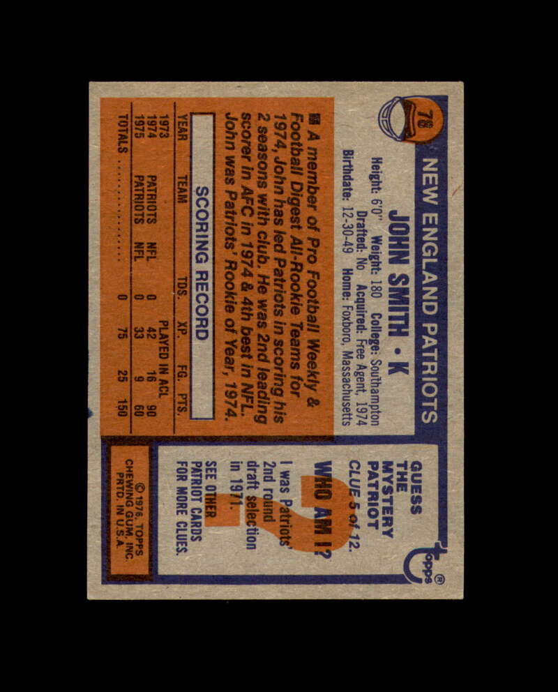 John Smith Signed 1976 Topps New England Patriots Autograph