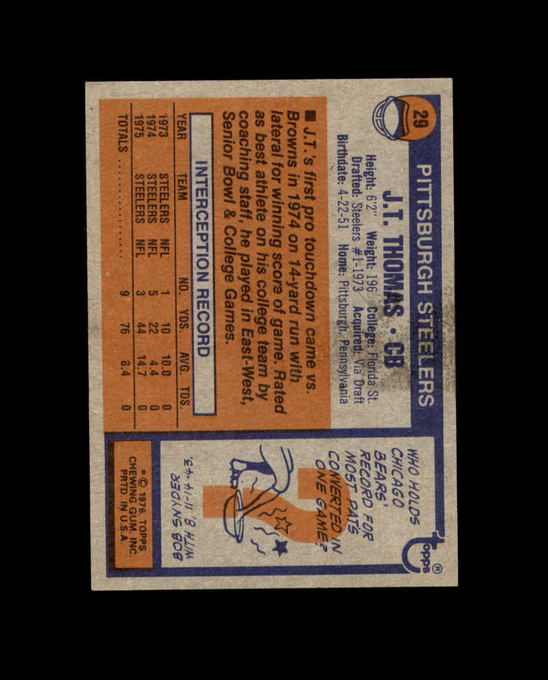 J.T. Thomas Signed 1976 Topps Steelers Autograph