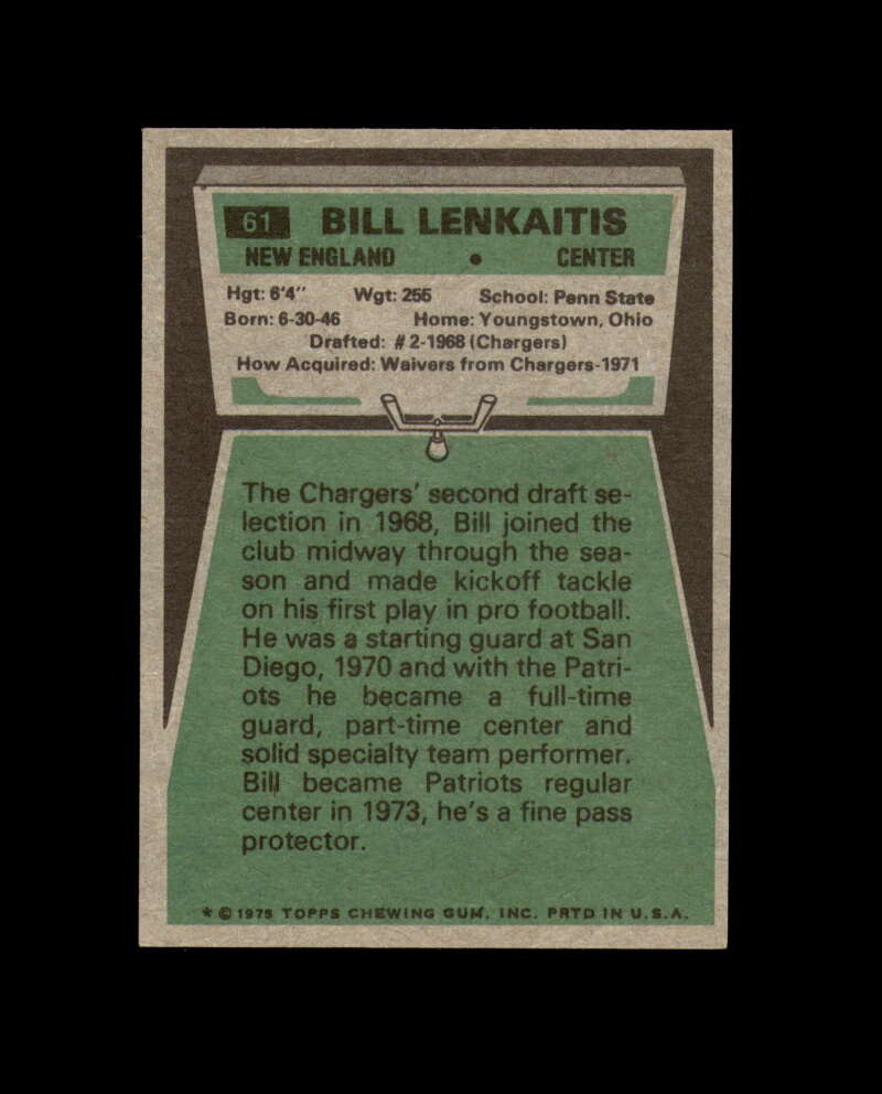 Bill Lenkaitis Signed 1975 Topps New England Patriots Autograph