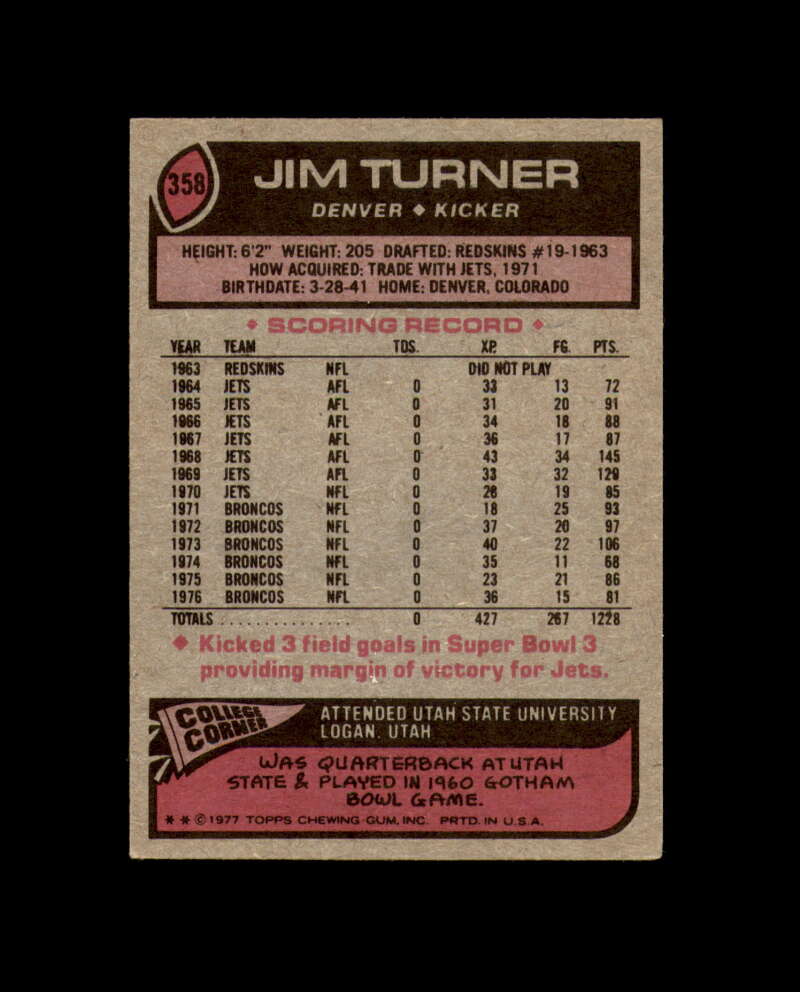 Jim Turner Signed 1977 Topps Denver Broncos Autograph
