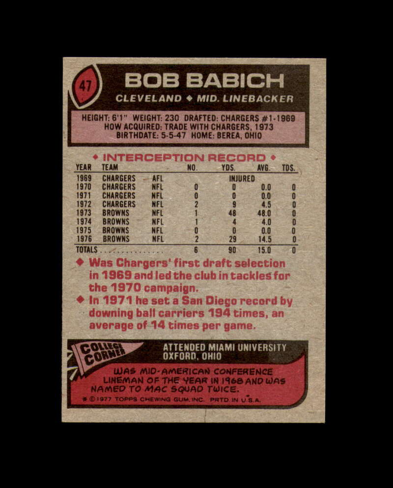 Bob Babich Signed 1977 Topps Cleveland Browns Autograph