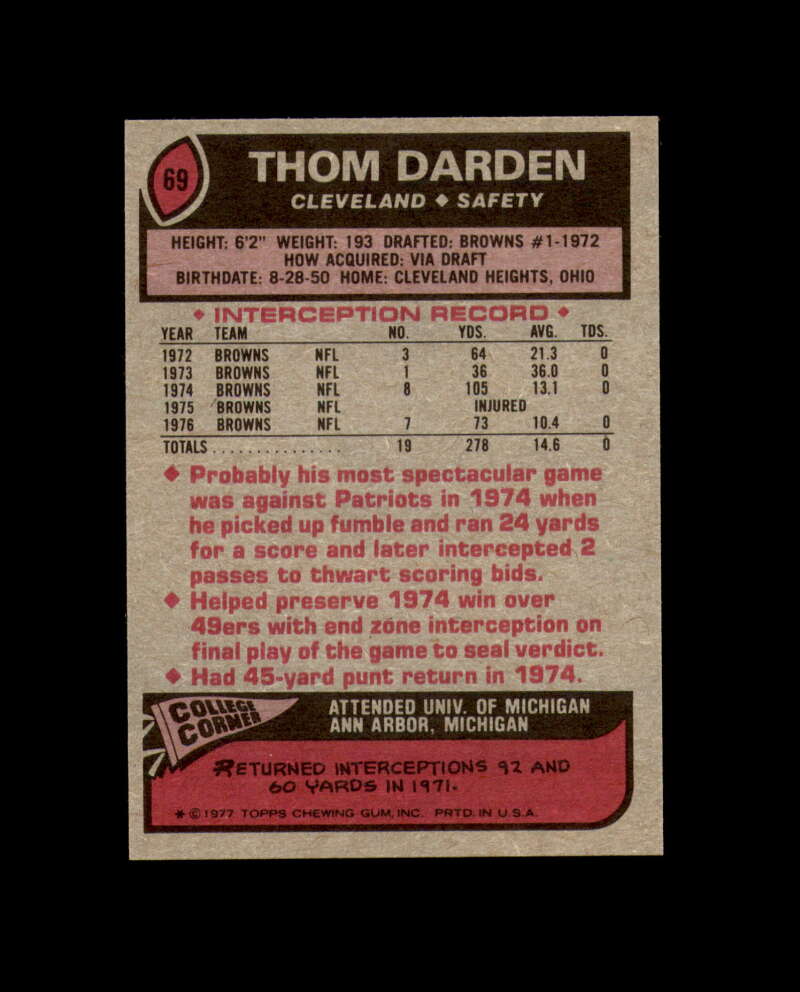 Thom Darden Signed 1977 Topps Cleveland Browns Autograph