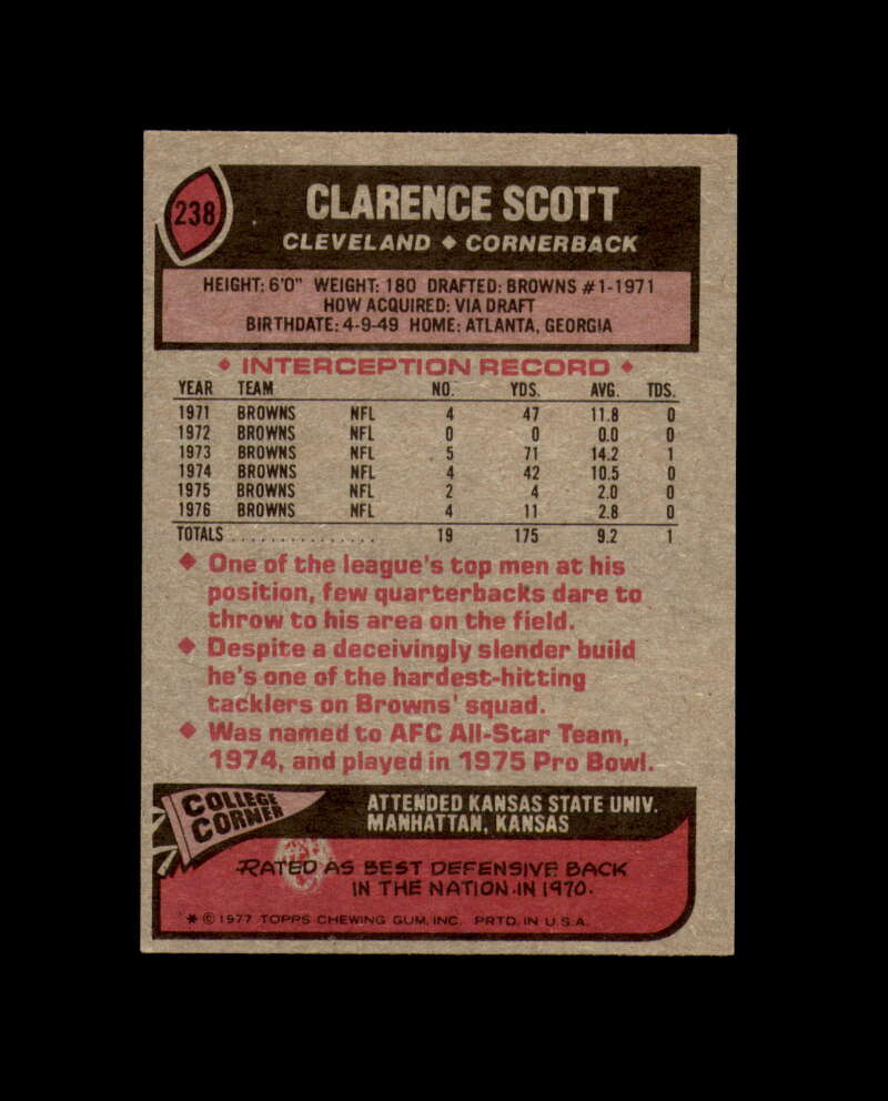Clarence Scott Signed 1977 Topps Cleveland Browns Autograph