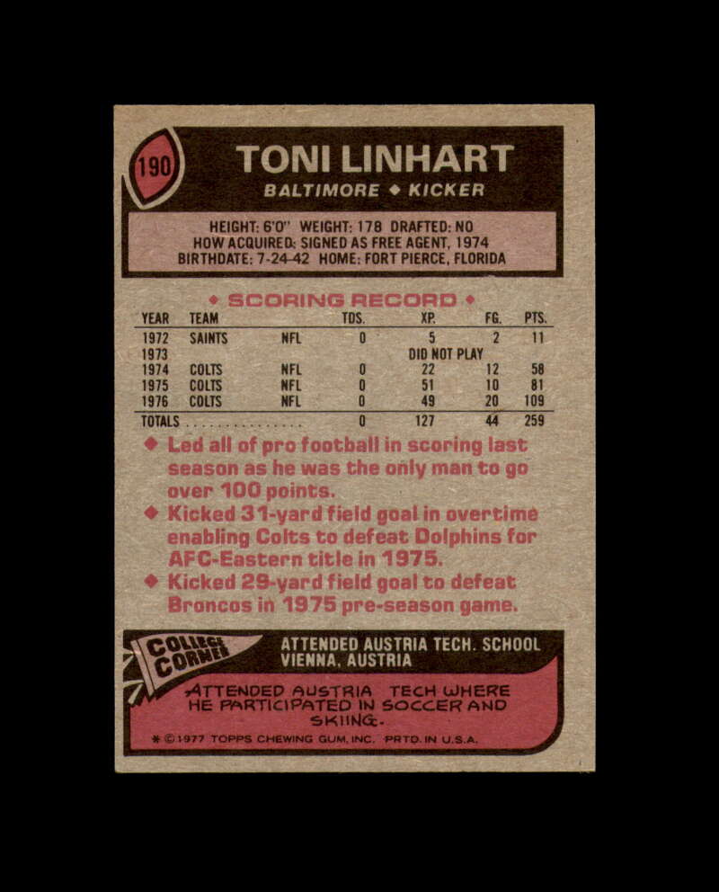 Toni Linhart Signed 1977 Topps Baltimore Colts Autograph