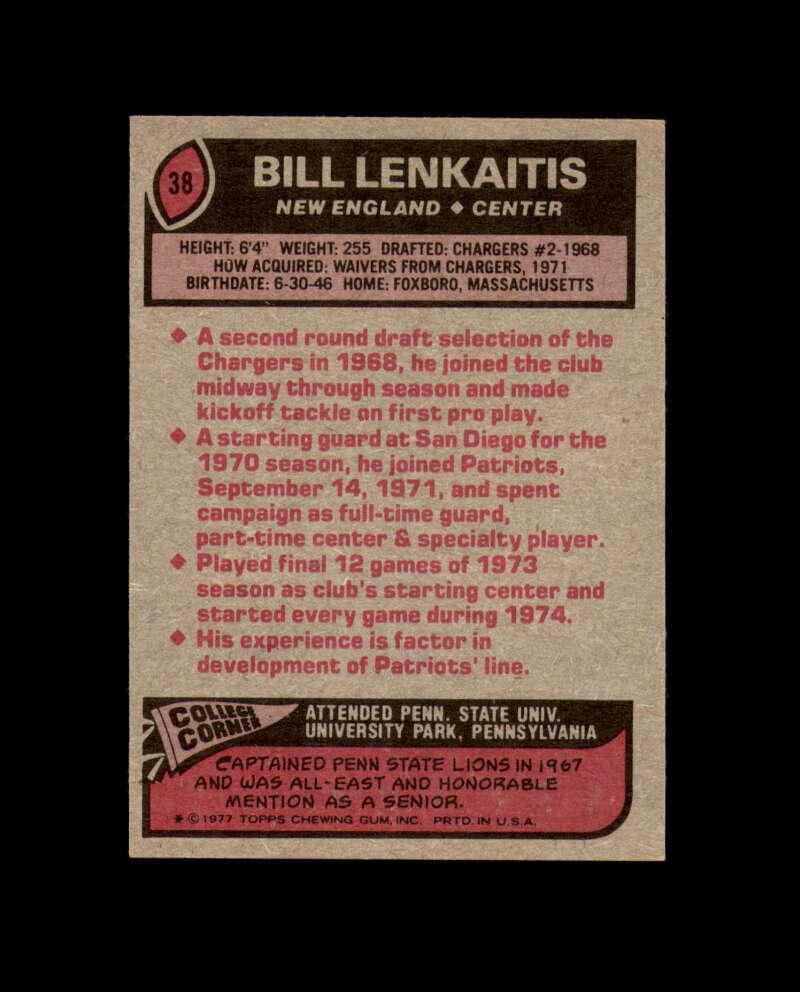 Bill Lenkaitis Signed 1977 Topps New England Patriots Autograph