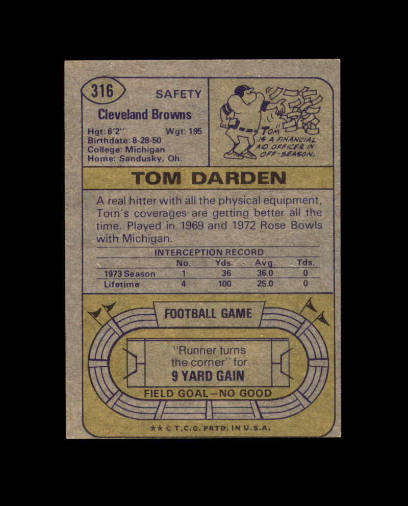 Tom Darden Signed 1974 Topps Cleveland Browns Autograph
