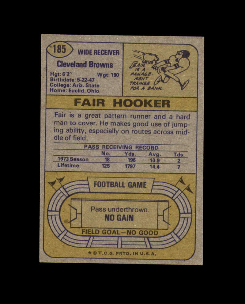 Fair Hooker Signed 1974 Topps Cleveland Browns Autograph