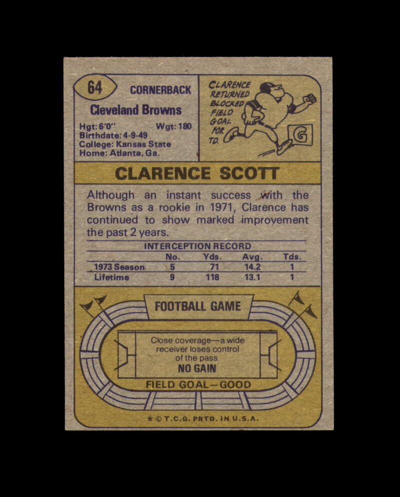 Clarence Scott Signed 1974 Topps Cleveland Browns Autograph