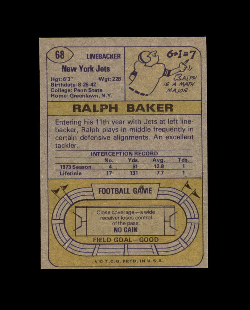 Ralph Baker Signed 1974 Topps New York Jets Autograph