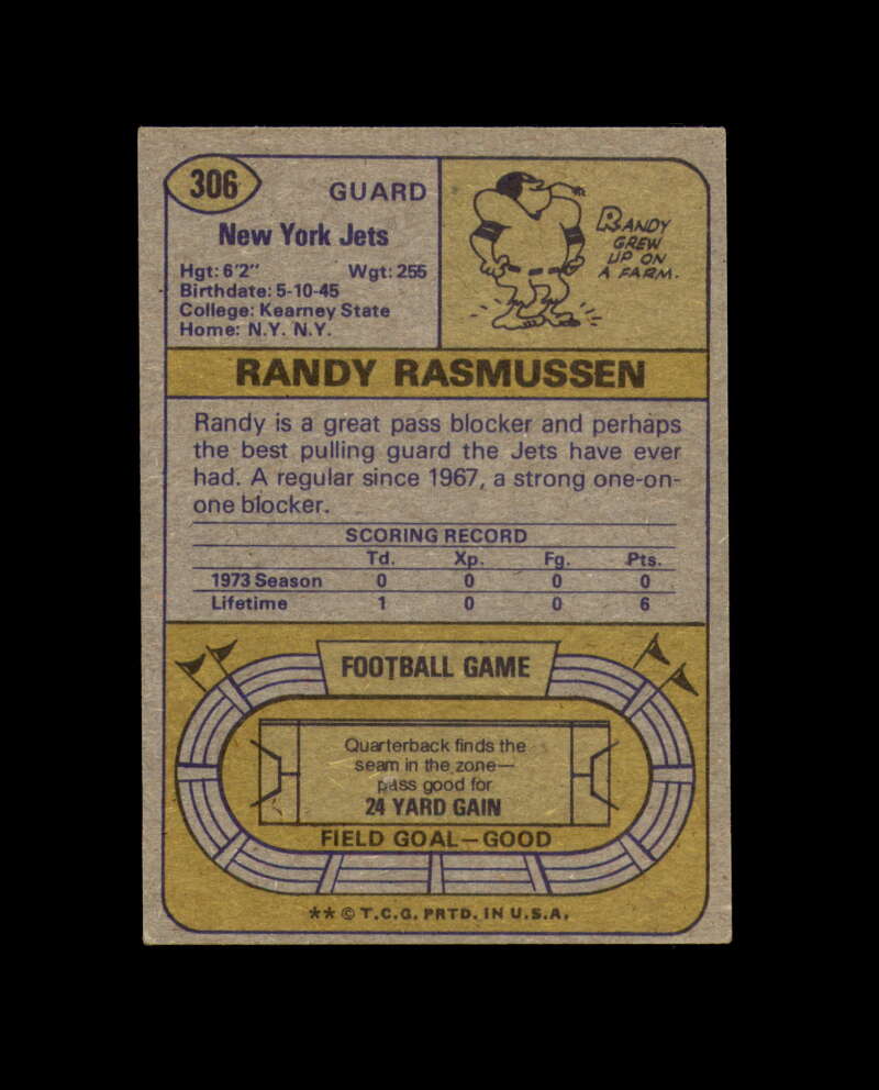 Randy Rasmussen Signed 1974 Topps New York Jets Autograph