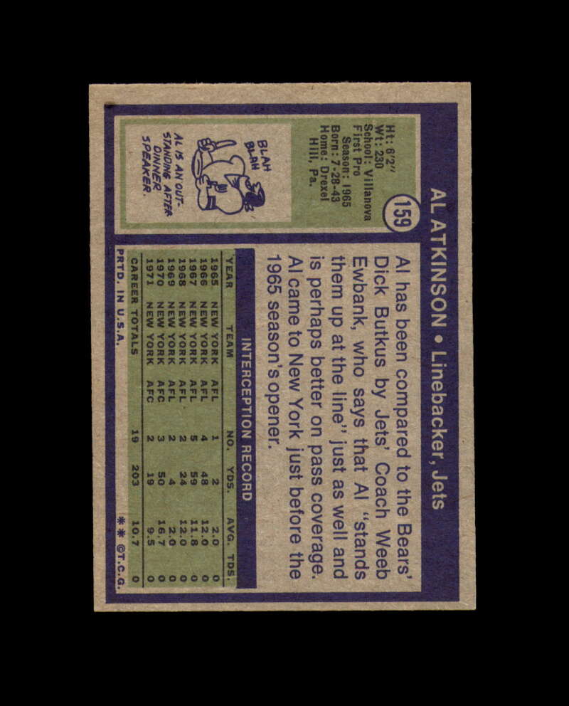 Al Atkinson Signed 1972 Topps New York Jets Autograph