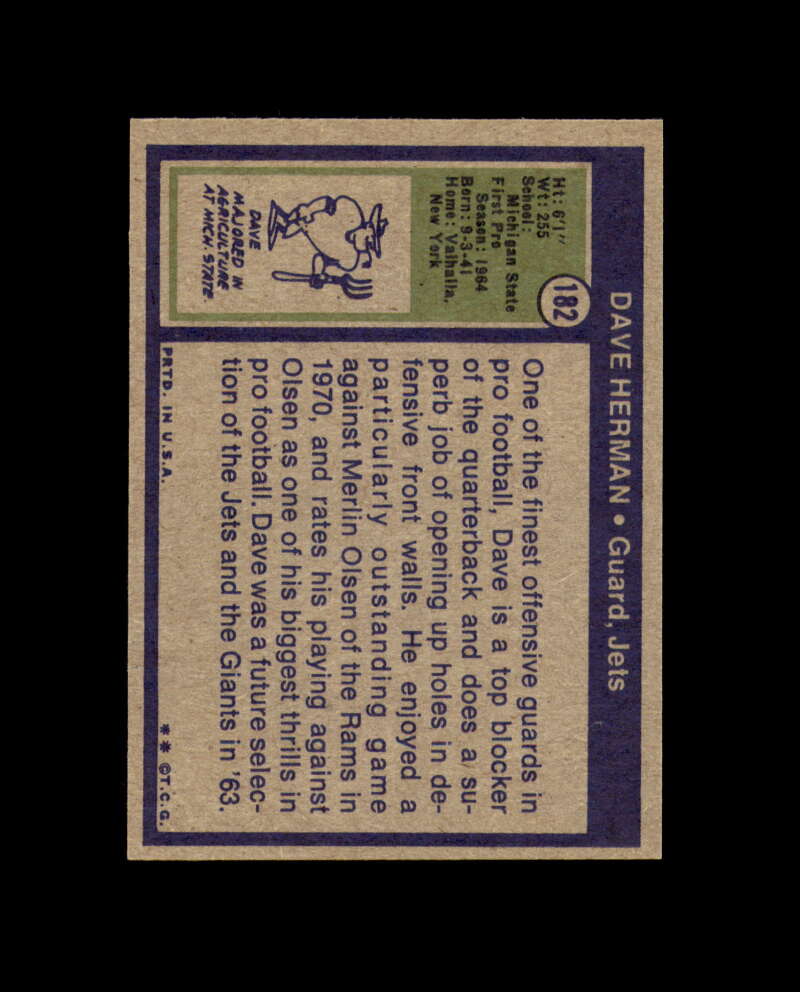 Dave Herman Signed 1972 Topps New York Jets Autograph