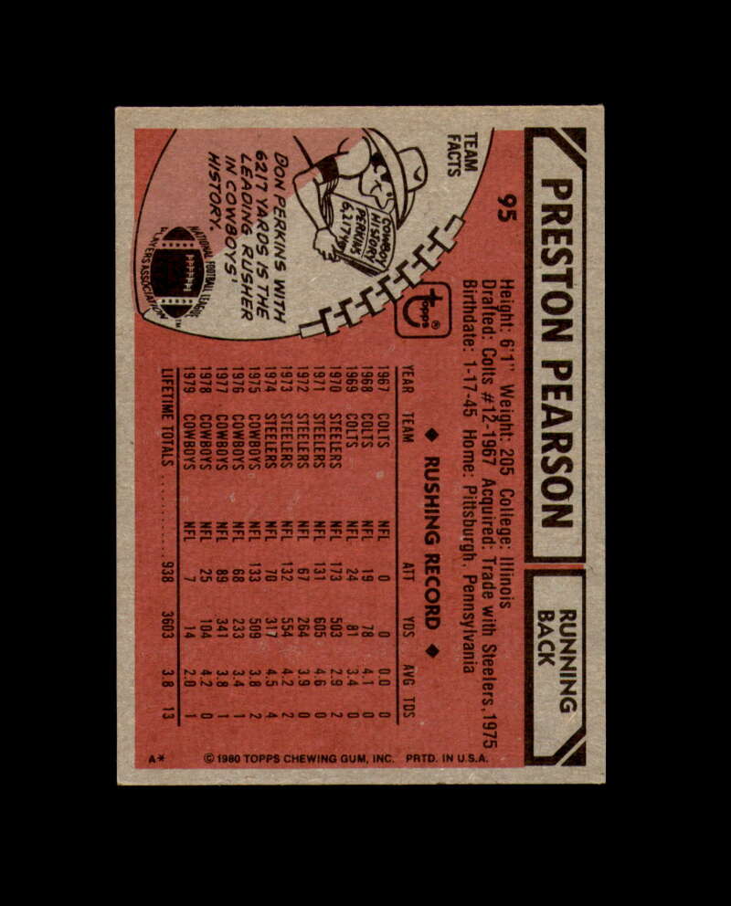 Preston Pearson Signed 1980 Topps Cowboys Autograph