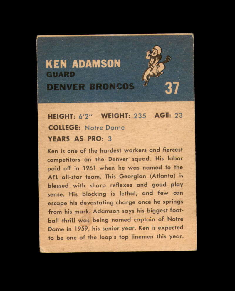 Ken Adamson Signed 1962 Fleer Denver Broncos Autograph