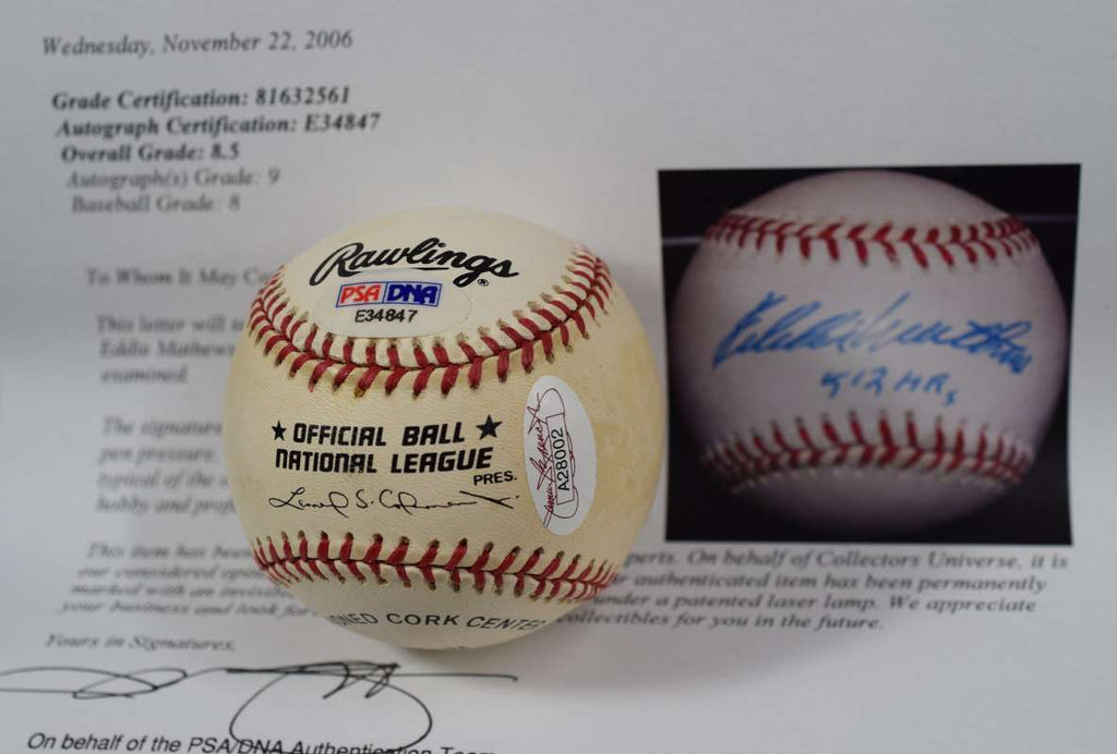 Eddie Mathews Mint 9 PSA DNA Auto National League Signed Baseball 512 HRs