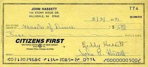 Buddy Hassett Dodgers Signed Jsa Cert Sticker Personal Check Authentic Autograph