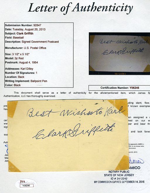 Clark Griffith Signed Jsa Full Ltr 1954 Gpc Authentic Autograph