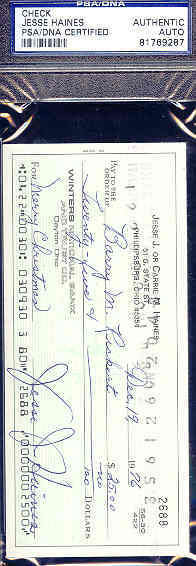 Jesse Haines Signed Check Psa/dna Slabbed Autograph