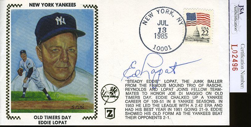 Ed Lopat Jsa Authenticated Signed 1985 Fdc Autograph