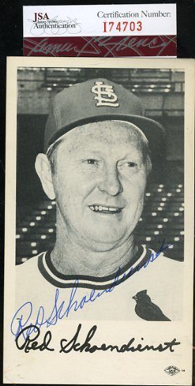 Red Schoendienst Jsa Certed Signed Team Issued Postcard Authentic Autograph