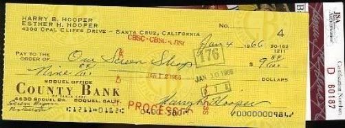 Harry Hooper Jsa Signed 1965 Check Autograph Authentic